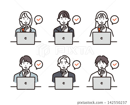 簡單插圖:一組向量插圖,描繪了 6 位男女學生在筆記型電腦上查看內容。 簡單插圖:一組向量插圖,描繪了 6 位男女學生在筆記型電腦上查看內容。 142550237