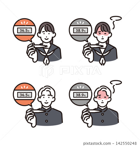 簡單插圖：男女學生用體溫計測量體溫的向量插圖。 142550248