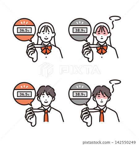 簡單插圖:男女學生用體溫計測量體溫的向量插圖。 簡單插圖:男女學生用體溫計測量體溫的向量插圖。 142550249