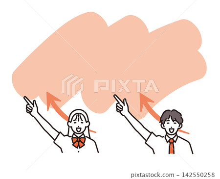 簡單插圖:向量圖描繪了身著夏裝的男女學生,他們指向更高的成績和更美好的未來,並留有文字空間。 簡單插圖:向量圖描繪了身著夏裝的男女學生,他們指向更高的成績和更美好的未來,並留有文字空間。 142550258