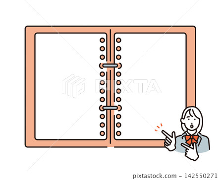 Simple illustration: A female student in a school uniform points to a binder notebook and explains something. Vector illustration. Simple illustration: A female student in a school uniform points to a binder notebook and explains something. Vector illustration. 142550271