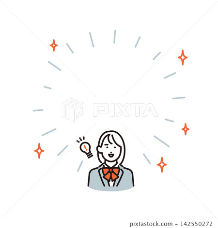Simple illustration: A female student in a school uniform comes up with an idea and gets a flash of inspiration. Vector illustration. Simple illustration: A female student in a school uniform comes up with an idea and gets a flash of inspiration. Vector illustration. 142550272