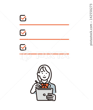 Simple illustration: A female student in a school uniform answering a survey on a tablet. (Vector illustration) 142550273
