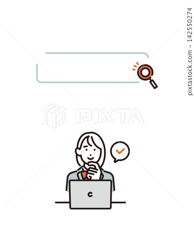 Simple illustration: Female student in uniform searching for information on a laptop. Vector illustration. Simple illustration: Female student in uniform searching for information on a laptop. Vector illustration. 142550274