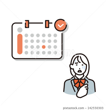 Simple illustration: Vector illustration of a female student looking at a calendar and feeling nervous about her schedule. Simple illustration: Vector illustration of a female student looking at a calendar and feeling nervous about her schedule. 142550303