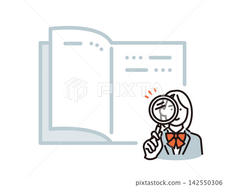 Simple vector illustration of a female student examining the contents of a book in detail with a magnifying glass. Simple vector illustration of a female student examining the contents of a book in detail with a magnifying glass. 142550306