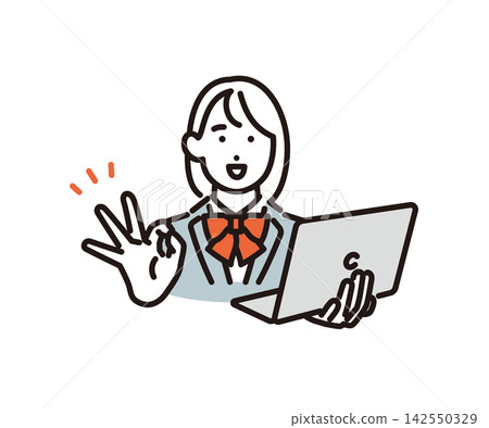 Simple illustration: Vector illustration of a female student holding a laptop and making an OK sign. Simple illustration: Vector illustration of a female student holding a laptop and making an OK sign. 142550329