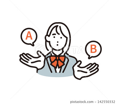 Simple vector illustration of a female student comparing and considering options A and B. 142550332