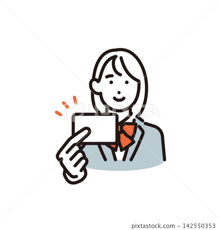 Simple illustration: Vector illustration of a female student presenting a card for identity verification. Simple illustration: Vector illustration of a female student presenting a card for identity verification. 142550353