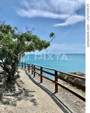 Coastal walking trail with wooden railing overlooks calm turquoise summer sea. Coastal walking trail with wooden railing overlooks calm turquoise summer sea. 142550535