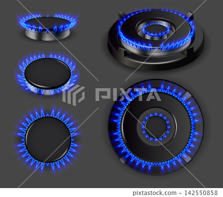 Realistic gas burners. 3d oven hob blue fire flame burner top side view, kitchen cooker natural gas ring light home cooking heat safety fuel isolated set garish vector illustration Realistic gas burners. 3d oven hob blue fire flame burner top side view, kitchen cooker natural gas ring light home cooking heat safety fuel isolated set garish vector illustration 142550858