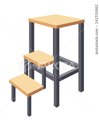 Wooden step stool with metal frame in isometric pixel art style showing three steps and tabletop surface, with stool, step, ladder, stepstool detail, showing table, tabletop, wood, wooden Wooden step stool with metal frame in isometric pixel art style showing three steps and tabletop surface, with stool, step, ladder, stepstool detail, showing table, tabletop, wood, wooden 142550862