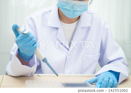 Scientist with cell culture in sample micro plate for research in science laboratory. Scientist with cell culture in sample micro plate for research in science laboratory. 142551002