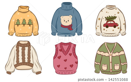 Vector set of cozy winter sweaters with seasonal designs 142551088