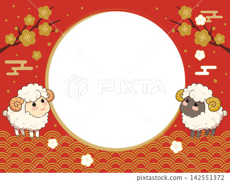 Cute sheep and plum blossom round frame Cute sheep and plum blossom round frame 142551372