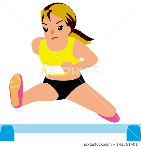 Illustration of a female athlete competing in a sports competition - Scene 01 of her jumping over hurdles in a 110m hurdles race. Illustration of a female athlete competing in a sports competition - Scene 01 of her jumping over hurdles in a 110m hurdles race. 142551401