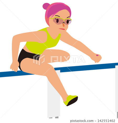 女運動員參加體育比賽的插圖 - 場景 02,她在 110 公尺欄架比賽中跳過欄架。 女運動員參加體育比賽的插圖 - 場景 02,她在 110 公尺欄架比賽中跳過欄架。 142551402