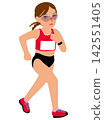 Illustrations of female athletes competing in sports events and athletes during race walking competitions. 142551405