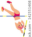 An illustration of a female athlete competing in a sports competition: a scene of her attempting to clear the crossbar in pole vaulting. 142551408