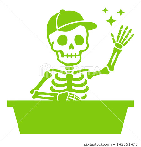 Green skeleton wearing baseball cap waves with sparkles 142551475