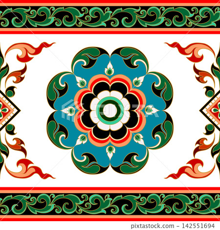 Traditional Thai Pra Jam Yam Floral Mandala Banner & Border 142551694