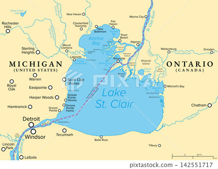 Lake St. Clair, part of the Great Lakes system in North America, political map. Freshwater lake between Canadian province of Ontario and U.S. state of Michigan northeast of Detroit and Windsor. Vector Lake St. Clair, part of the Great Lakes system in North America, political map. Freshwater lake between Canadian province of Ontario and U.S. state of Michigan northeast of Detroit and Windsor. Vector 142551717