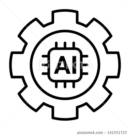 AI Automation Icon with Artificial Intelligence Chip Inside Gear. Simple Black Outline Symbol for Machine Learning, Smart Technology, Process Automation, Software, Settings and Digital Workflow. 142551725