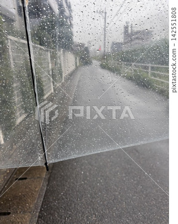 A transparent umbrella and a rain-soaked road A transparent umbrella and a rain-soaked road 142551808