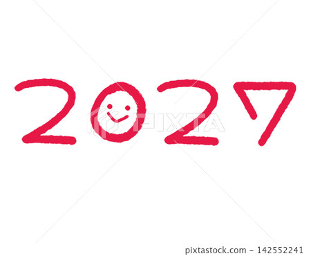 A New Year's message featuring the handwritten year 2027 with a smile drawn over the letter O. A New Year's message featuring the handwritten year 2027 with a smile drawn over the letter O. 142552241