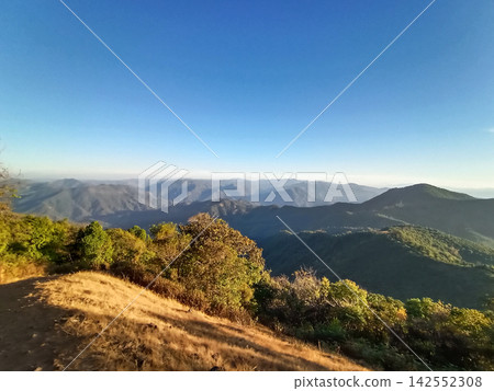 Landscape of golden sun with dry grass on hill in sunrise and mist on valley mountain peak in Thailand Landscape of golden sun with dry grass on hill in sunrise and mist on valley mountain peak in Thailand 142552308