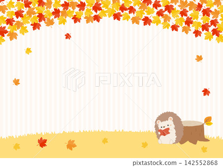 A hedgehog reading a book under autumn foliage; autumn background material. 142552868