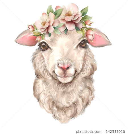 Hand-drawn illustration of a cute fluffy sheep wearing a wreath of pink spring flowers and green leaves. Isolated on a white background, perfect for baby shower invitations, nursery decor and farm 142553010