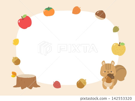 A frame featuring autumn fruits, colorful leaves, and a squirrel. A frame featuring autumn fruits, colorful leaves, and a squirrel. 142553320