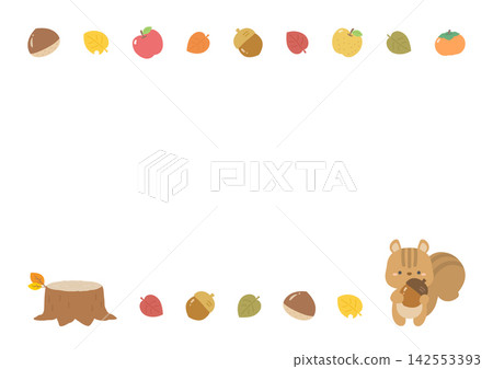 Cute autumn frame, autumn flavors and squirrel on a white background Cute autumn frame, autumn flavors and squirrel on a white background 142553393