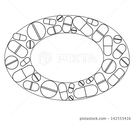 variously shaped pills Pharmacy frame template oval hand drawn illustration. Vector graphic line art. design for fashion graphics, textile prints, fabrics, wallpapers. variously shaped pills Pharmacy frame template oval hand drawn illustration. Vector graphic line art. design for fashion graphics, textile prints, fabrics, wallpapers. 142553416