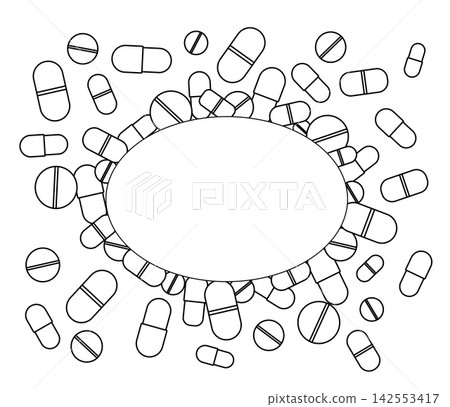 Vitamin pills Pharmacy frame template oval hand drawn illustration. Vector graphic line art. background for banners, print for fabric, labels, t-shirt printing. 142553417