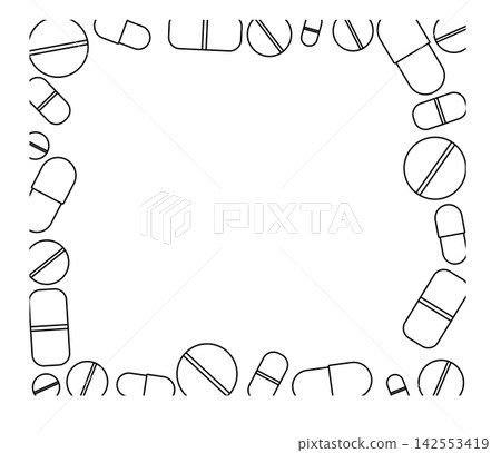 variously shaped pills Pharmacy frame template rectangle hand drawn illustration. Vector graphic line art. design for fashion graphics, textile prints, fabrics, wallpapers. variously shaped pills Pharmacy frame template rectangle hand drawn illustration. Vector graphic line art. design for fashion graphics, textile prints, fabrics, wallpapers. 142553419