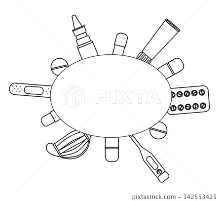 Pharmacy frame template oval hand drawn illustration. Vector graphic line art. design for fashion graphics, textile prints, fabrics, wallpapers. texture for pajamas, wrapping papers. Pharmacy frame template oval hand drawn illustration. Vector graphic line art. design for fashion graphics, textile prints, fabrics, wallpapers. texture for pajamas, wrapping papers. 142553421