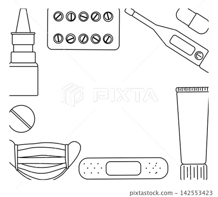 Medical Pharmacy frame template rectangle hand drawn illustration. Vector graphic line art. Banner, poster, wrapping paper, sticker, print, modern textile design. Medical Pharmacy frame template rectangle hand drawn illustration. Vector graphic line art. Banner, poster, wrapping paper, sticker, print, modern textile design. 142553423
