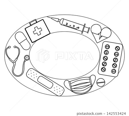 Medical and health Pharmacy frame template oval hand drawn illustration. Vector graphic line art. stethoscope, pills, hearts, healthcare, wellness, and medical supplies. Medical and health Pharmacy frame template oval hand drawn illustration. Vector graphic line art. stethoscope, pills, hearts, healthcare, wellness, and medical supplies. 142553424