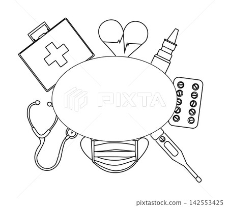 Medical and health Pharmacy frame template oval hand drawn illustration. Vector graphic line art. Perfect for logo, branding, packaging, labels, and modern decor design. 142553425