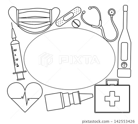 Medical and health Pharmacy frame template Oval rectangle hand drawn illustration. Vector graphic line art. Banner, poster, wrapping paper, sticker, print, modern textile design. Medical and health Pharmacy frame template Oval rectangle hand drawn illustration. Vector graphic line art. Banner, poster, wrapping paper, sticker, print, modern textile design. 142553426