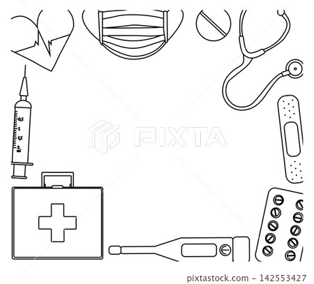 Medical and health Pharmacy frame template rectangle hand drawn illustration. Vector graphic line art. design for fashion graphics, textile prints, fabrics, wallpapers. social media, party or sale Medical and health Pharmacy frame template rectangle hand drawn illustration. Vector graphic line art. design for fashion graphics, textile prints, fabrics, wallpapers. social media, party or sale 142553427