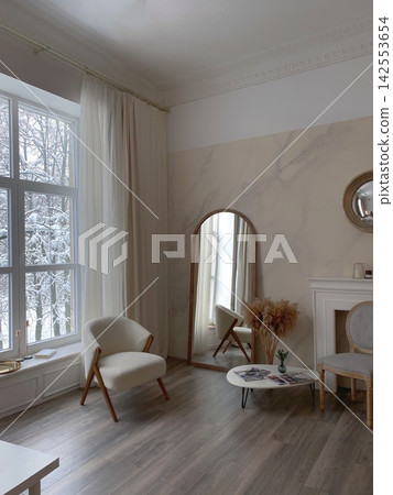 Minimalist Living Room with Large Mirror and Snowy Window Minimalist Living Room with Large Mirror and Snowy Window 142553654