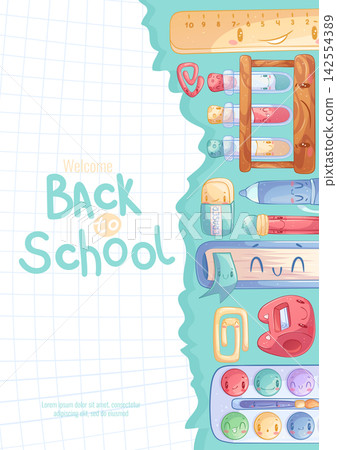 The "Back to School" poster with a cute cartoon character. Pen, pencil, sharpener, eraser, ruler, flasks, paints, book. Knowledge, study, college. Handwritten inscription. Vector school illustration The "Back to School" poster with a cute cartoon character. Pen, pencil, sharpener, eraser, ruler, flasks, paints, book. Knowledge, study, college. Handwritten inscription. Vector school illustration 142554389