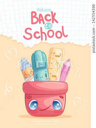 The "Back to School" poster with cute cartoon characters. A cup with a pen, marker, ruler. Knowledge, study, college. Handwritten inscription. Vector school illustration The "Back to School" poster with cute cartoon characters. A cup with a pen, marker, ruler. Knowledge, study, college. Handwritten inscription. Vector school illustration 142554390