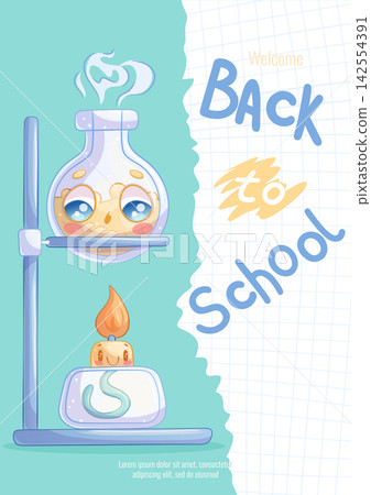 The "Back to School" poster with cute cartoon characters. A glass laboratory flask and an spirit lamp. Knowledge, study, college. Handwritten inscription. Vector school illustration 142554391