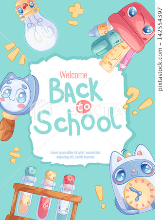 The "Back to School" poster with a cute cartoon character. A cup with pens, pencils, a magnifying glass, flasks, an alarm clock, a light bulb. Handwritten inscription. Vector school illustration The "Back to School" poster with a cute cartoon character. A cup with pens, pencils, a magnifying glass, flasks, an alarm clock, a light bulb. Handwritten inscription. Vector school illustration 142554397