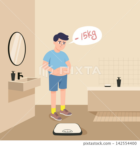 Overweight man looking at belly in bathroom vector illustration Overweight man looking at belly in bathroom vector illustration 142554400