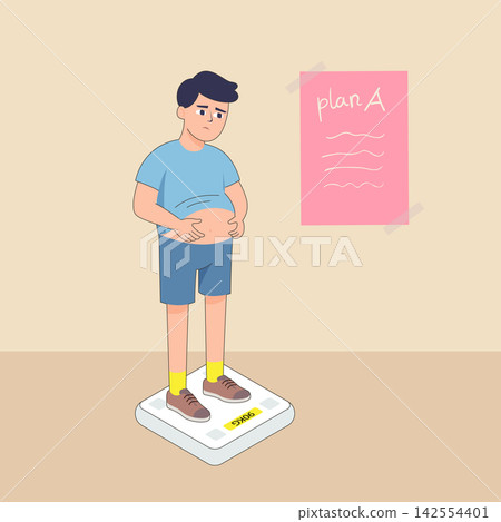 Man standing on bathroom scale with plan note vector illustration Man standing on bathroom scale with plan note vector illustration 142554401